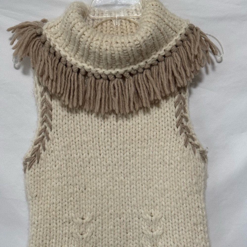 ANTHROPOLOGIE Handknit & Heartfelt Alpaca Knit Vest Fringe Cowl Neck X-Small